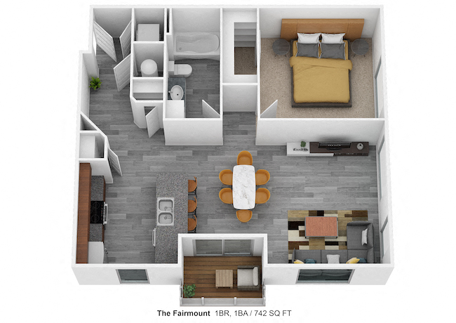 Floor plan for 1 bed, 1 bath, 742 sqft